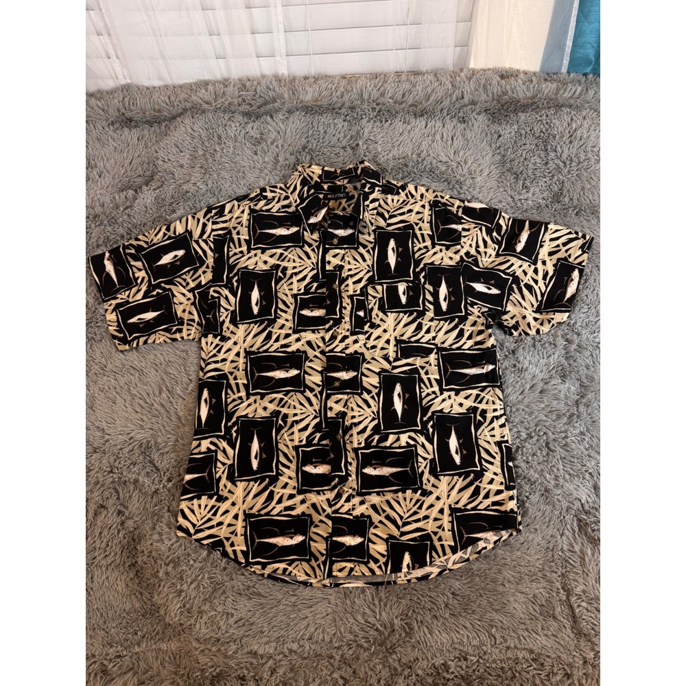 Puritan Mens Large Tuna Fish Tropical Palm Print Cotton Button Down Shirt Black